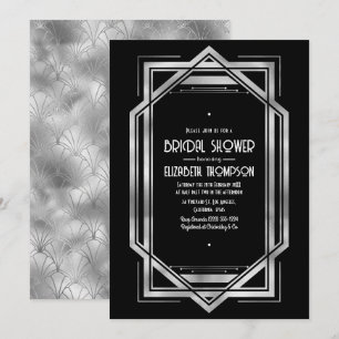Convite Chic Preto & Prata Gatsby Art Deco Chá de Noiva