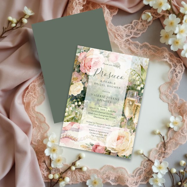 Convite Chic Prosecco e Pérolas Brinde de Noiva com Brilho (Chic Serene Prosecco & Pearls Glitter Bridal Shower Invitation Card Featuring Elegant Feminine Cards)
