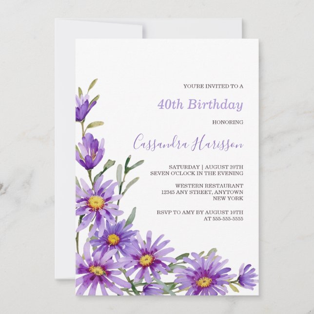 Convite Chic Purple Aster Floral Birthday (Frente)
