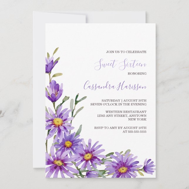 Convite Chic Purple Aster Floral Greenery Aniversário (Frente)