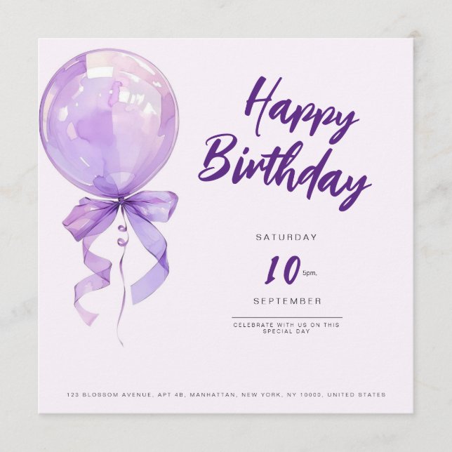 Convite chic Purple balloons birthday invitation (Frente)