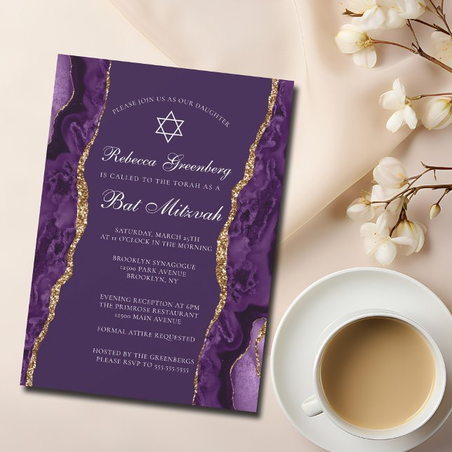 Convite Chic Purple Dourado Agate Bat Mitzvah (Criador carregado)