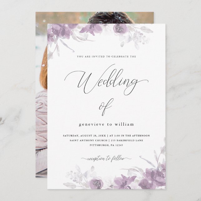 Convite Chic Purple Floral com Caligrafia Fotográfica (Frente/Verso)