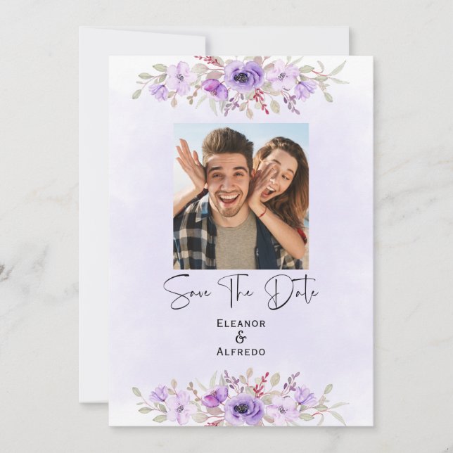 Convite Chic Purple Floral Wedding Save the Date (Frente)