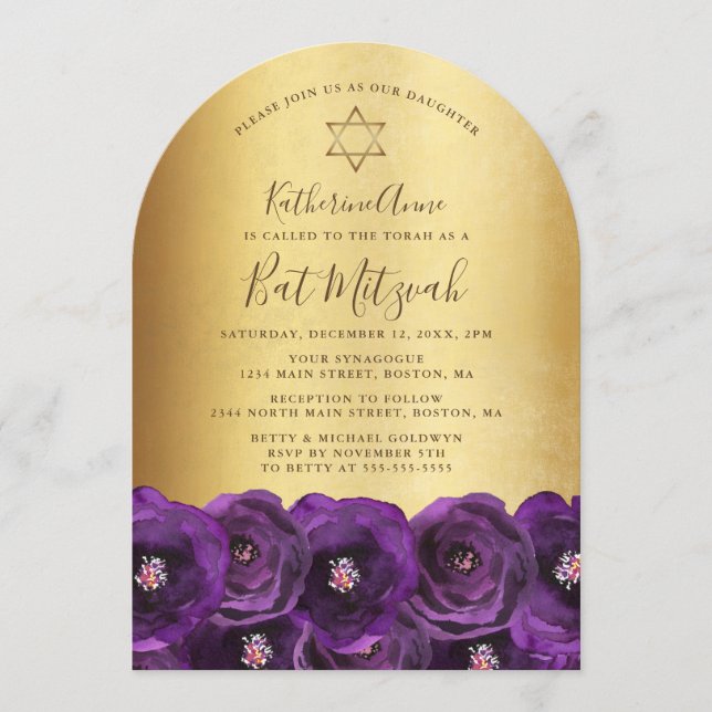 Convite Chic Purple Rose Floral Gold Bat Mitzvah (Frente)