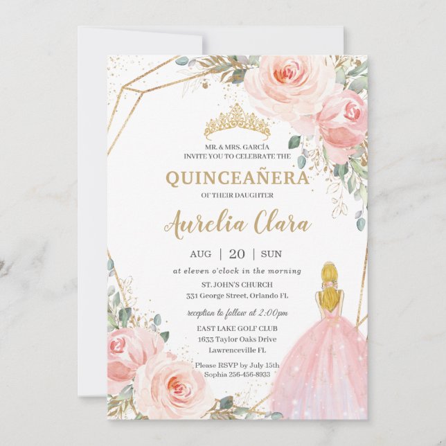 Convite Chic Quinceañera Blush Floral Louro Rosa Rosa Aniv (Frente)