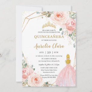 Convite Chic Quinceañera Blush Floral Louro Rosa Rosa Aniv