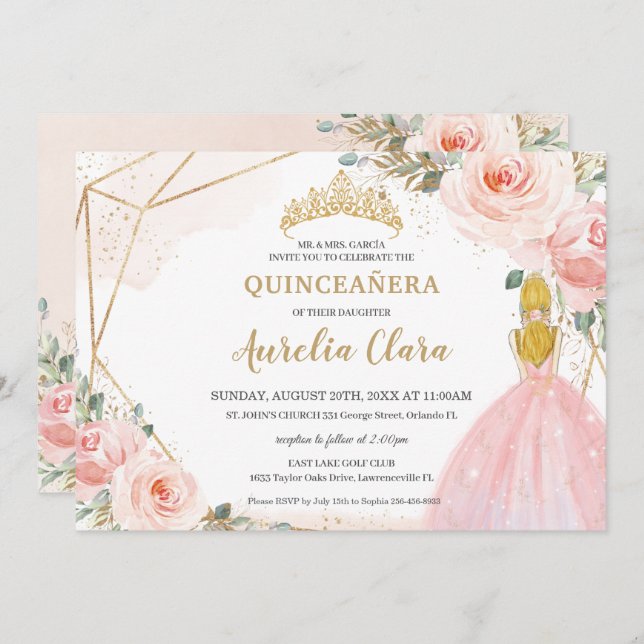 Convite Chic Quinceañera Blush Floral Rosa Blonde 15 Anos (Frente/Verso)