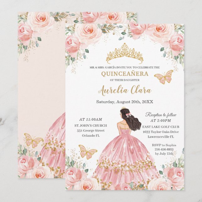 Convite Chic Quinceañera Blush Rosa Dourado (Frente/Verso)