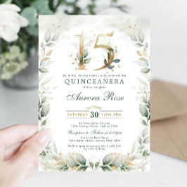 Convite Chic Quinceanera Botânica Verde Dourado Aniversári