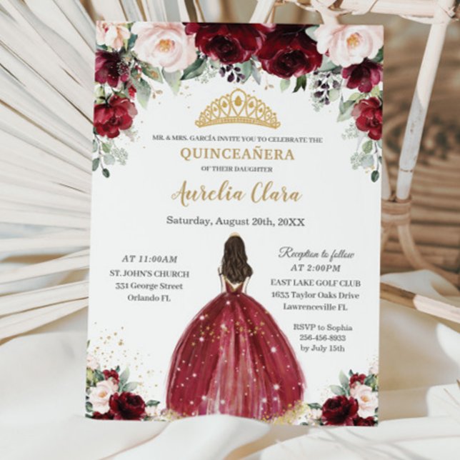 Convite Chic Quinceañera Burgundy Blush Princesa Floral (Criador carregado)