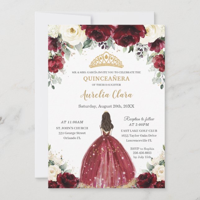 Convite Chic Quinceañera Burgundy Ivory Floral Princess (Frente)