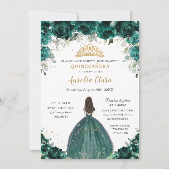 Convite Chic Quinceañera Emerald Green Floral Princesa (Frente)