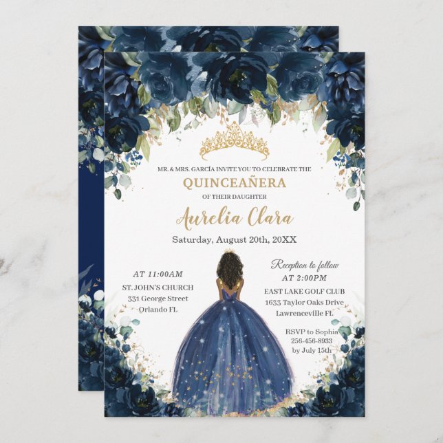 Convite Chic Quinceañera Marinho Blue Floral Brown Princes (Frente/Verso)