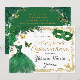 Convite Chic Quinceañera Mascarada Emerald Green Floral I