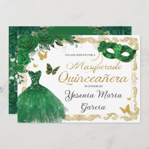 Convite Chic Quinceañera Mascarada Emerald Green Floral I