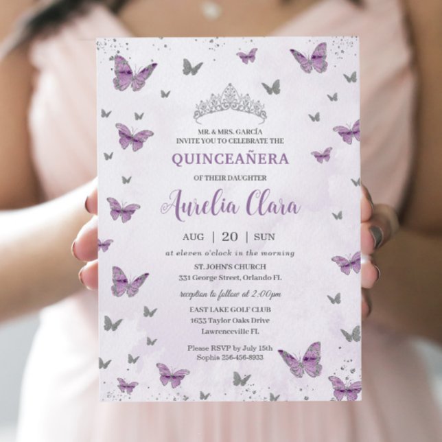Convite Chic Quinceañera Purple Butterflies Silver (Criador carregado)