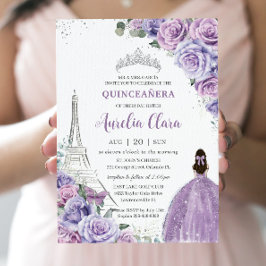 Convite Chic Quinceañera Purple Floral Paris Eiffel Silver