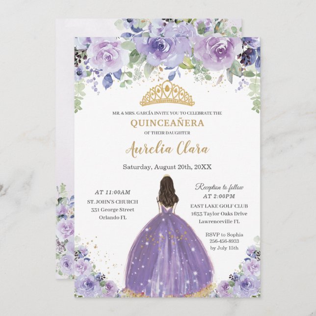 Convite Chic Quinceañera Purple Lilac Floral Princess (Frente/Verso)