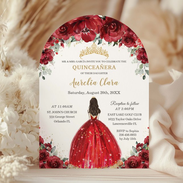 Convite Chic Quinceañera Red Floral Rosas Princesa Arco (Criador carregado)