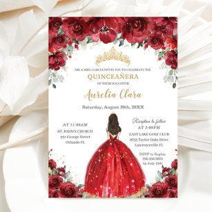 Convite Chic Quinceañera Red Floral Rosas Princesa Tiara