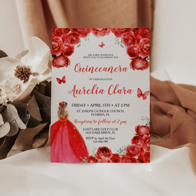 Convite Chic Quinceañera Red Floral Rosas Princesa Tiara (Criador carregado)