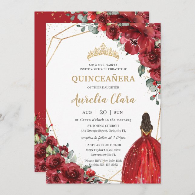 Convite Chic Quinceañera Red Flowers Floral Brown Princesa (Frente/Verso)