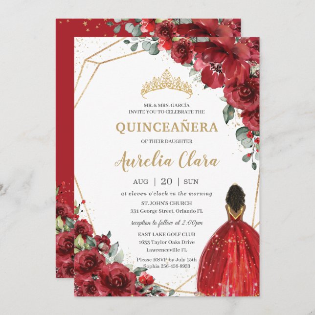 Convite Chic Quinceañera Red Flowers Floral Brown Princesa (Frente/Verso)