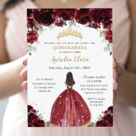 Convite Chic Quinceañera Rich Burgundy Red Floral Princesa
