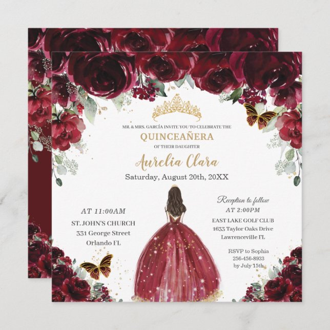 Convite Chic Quinceañera Rich Burgundy Red Floral Princesa (Frente/Verso)