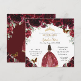 Convite Chic Quinceañera Rich Burgundy Red Floral Princesa
