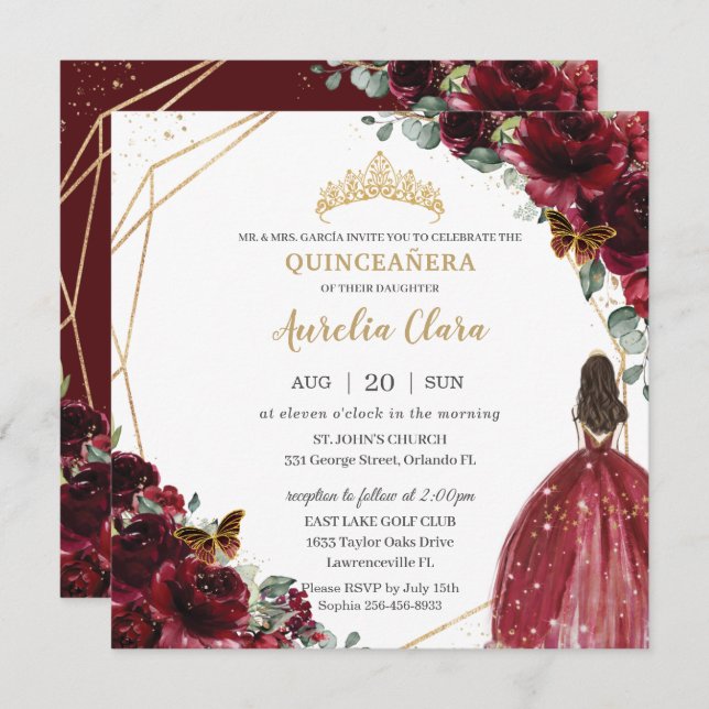 Convite Chic Quinceañera Rich Burgundy Red Floral Tiara (Frente/Verso)