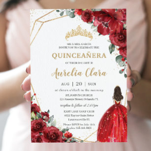 Convite Chic Quinceañera Rosas vermelhas Flores Princesa F