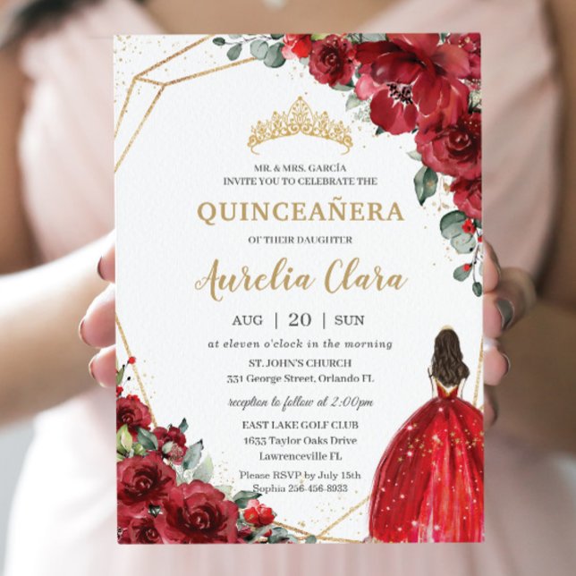 Convite Chic Quinceañera Rosas vermelhas Flores Princesa F (Criador carregado)