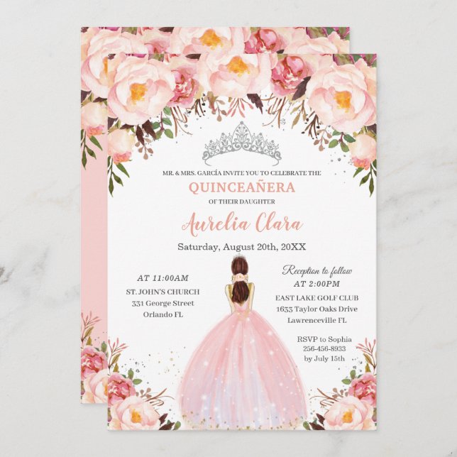 Convite Chic Quinceañera Soft Blush Princesa Floral Prata (Frente/Verso)