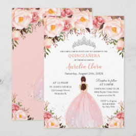 Convite Chic Quinceañera Soft Blush Princesa Floral Prata