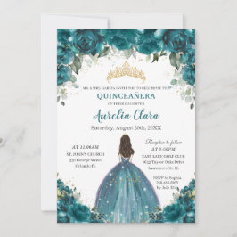 Convite Chic Quinceañera Teal Cyan Floral Princess Crown