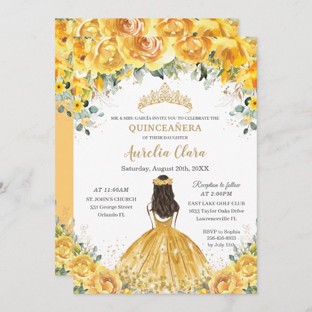 Convite Chic Quinceañera Yellow Floral Princess Birday (Frente/Verso)