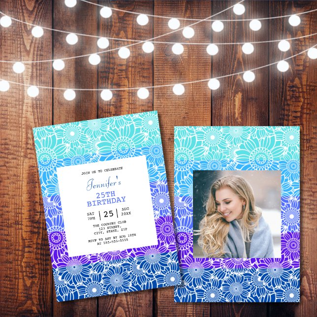 Convite Chic Rainbow Blue Stripes Foto Floral Aniversário (Criador carregado)