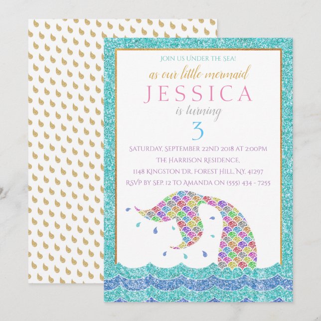 Convite Chic Rainbow Glitter Sereia Qualquer Idade Anivers (Frente/Verso)