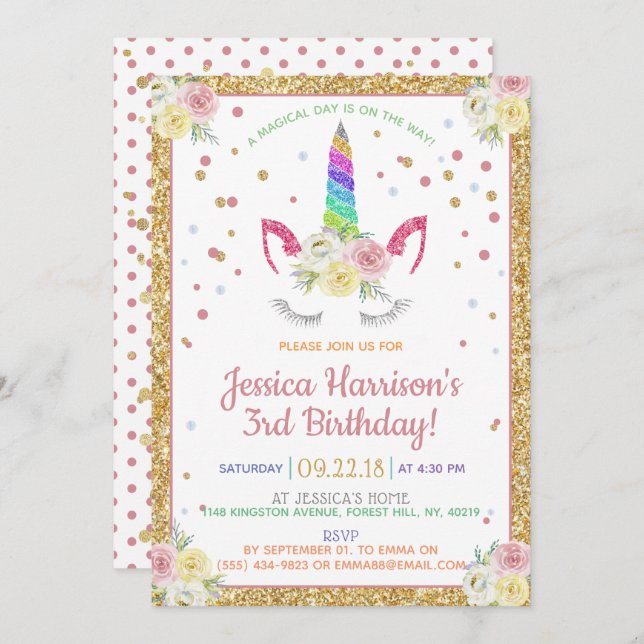 Convite Chic Rainbow Glitter Unicorn Qualquer Idade Aniver (Frente/Verso)