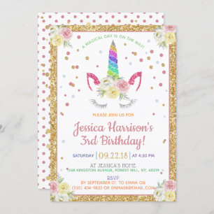 Convite Chic Rainbow Glitter Unicorn Qualquer Idade Aniver