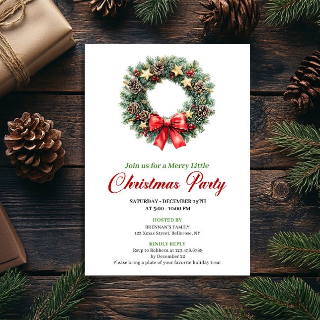 Convite Chic Red Green Pine Wreath Christmas Party Card (Chic Red Green Pine Wreath Christmas Party Card)