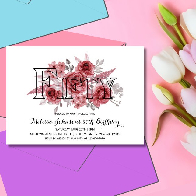 Convite Chic Red Maroon Greenery Floral 50º Aniversário (Criador carregado)