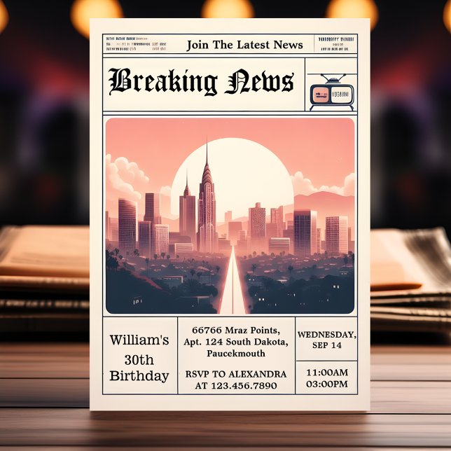 Convite Chic Retro men aniversário de 30 anos de jornal pa (Criador carregado)