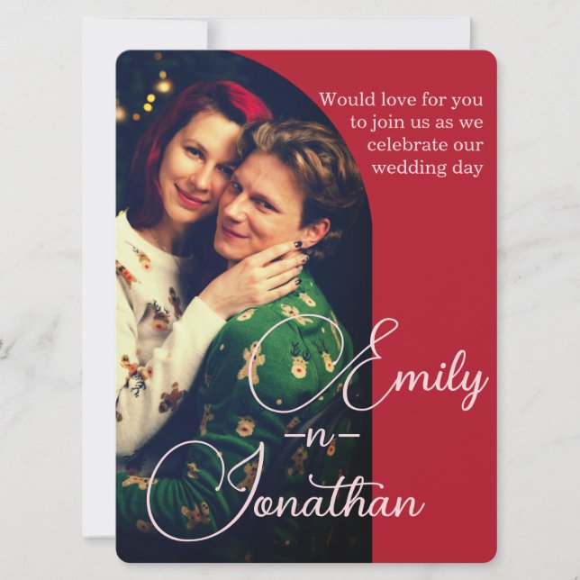 Convite Chic Romantic Deep Red Split Photo QR Wedding (Frente)