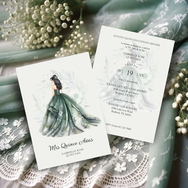 Convite Chic Romantic Spanish Quinceañera Green Shades (Chic Romantic Spanish Quinceañera Green Shades Invitation Card.)