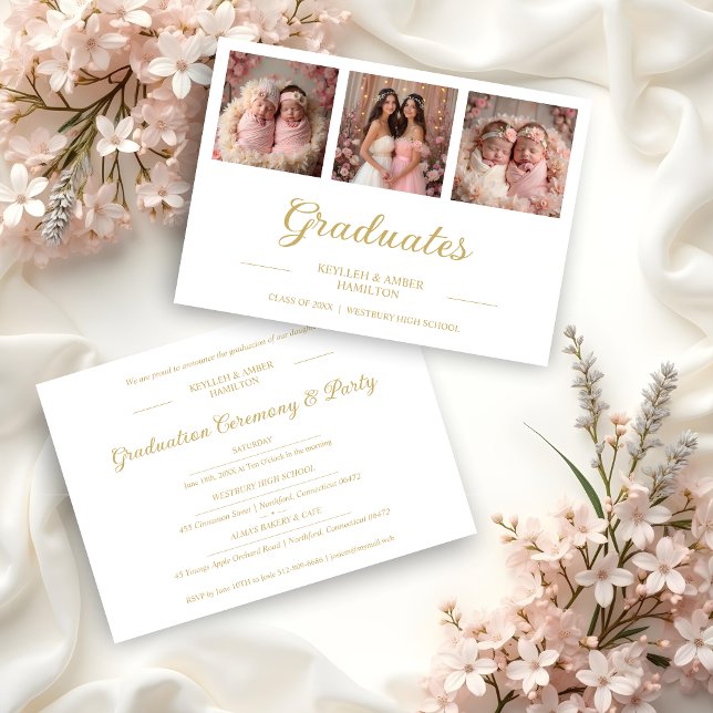 Convite Chic Romantic Then & Now 3-Photo Twins Double Grad (Chic Romantic Then & Now 3-Photo Twins Double Graduation Celebration Faux Golden Invitation Cards.)