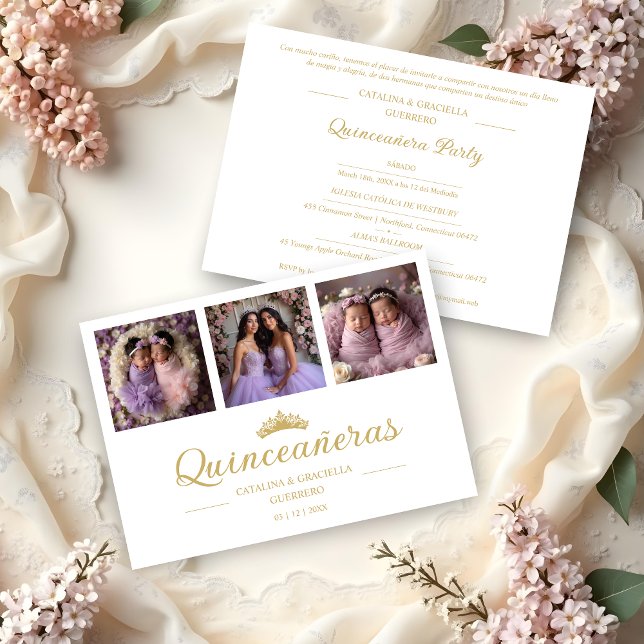 Convite Chic Romantic Then & Now 3-Photo Twins Quinceañera (Spanish Chic Romantic Then & Now 3-Photo Twins Double Quinceañeras Celebration Invitation Cards.)