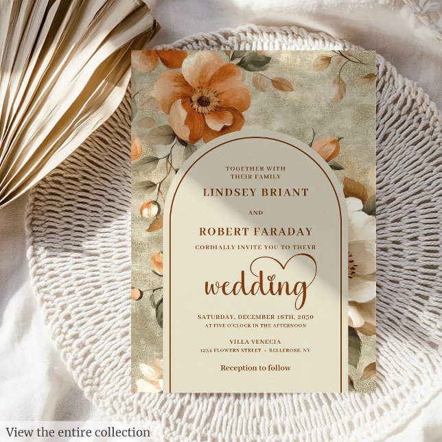 Convite Chic Romântico Boho Laranja Queimado Marfim Sage C (Romantic Boho Burnt Orange Ivory Sage Wedding Invitation)